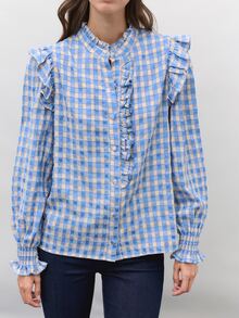Nöista Blus Gingham Biru dengan Kerah Berkerut, Kancing Depan, Lengan Mengembang, dan Manset Berkerut. Musim Gugur, Musim Dingin, Sehari-hari, Kantor, Acara, Elegan, Natal. - Biru - View 5