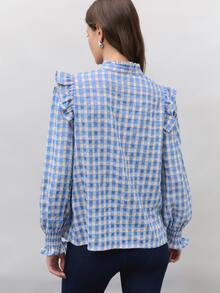 Nöista Blus Gingham Biru dengan Kerah Berkerut, Kancing Depan, Lengan Mengembang, dan Manset Berkerut. Musim Gugur, Musim Dingin, Sehari-hari, Kantor, Acara, Elegan, Natal. - Biru - View 4