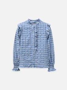 Nöista Blus Gingham Biru dengan Kerah Berkerut, Kancing Depan, Lengan Mengembang, dan Manset Berkerut. Musim Gugur, Musim Dingin, Sehari-hari, Kantor, Acara, Elegan, Natal. - Biru - View 7