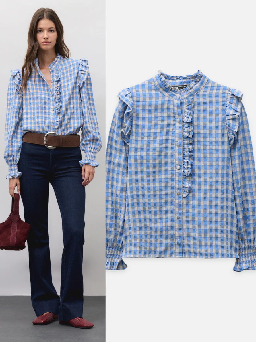 Nöista Blus Gingham Biru dengan Kerah Berkerut, Kancing Depan, Lengan Mengembang, dan Manset Berkerut. Musim Gugur, Musim Dingin, Sehari-hari, Kantor, Acara, Elegan, Natal. - Biru - View 1
