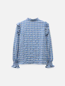 Nöista Blus Gingham Biru dengan Kerah Berkerut, Kancing Depan, Lengan Mengembang, dan Manset Berkerut. Musim Gugur, Musim Dingin, Sehari-hari, Kantor, Acara, Elegan, Natal. - Biru - View 8