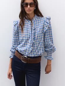 Nöista Blus Gingham Biru dengan Kerah Berkerut, Kancing Depan, Lengan Mengembang, dan Manset Berkerut. Musim Gugur, Musim Dingin, Sehari-hari, Kantor, Acara, Elegan, Natal. - Biru - View 6
