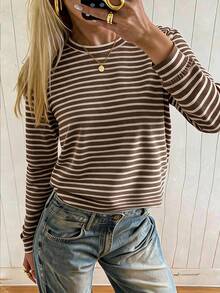 EMERY ROSE Brown & Coffee Striped Long Sleeve Women's T-Shirt, Suitable For Autumn/Winter,Back To School Season,Autumn Outfits Women,Fall - Multicolor - View 5