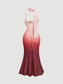 SHEIN MOD 優雅女款細肩帶長洋裝，漸層配色流暢網紗面料，附圍巾裝飾，萬聖節/派對/角色扮演禮服 - 彩色 - 查看 4