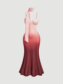 SHEIN MOD 優雅女款細肩帶長洋裝，漸層配色流暢網紗面料，附圍巾裝飾，萬聖節/派對/角色扮演禮服 - 彩色 - 查看 3