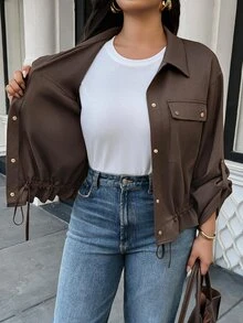 Easura Jaket Wanita Gaya Utilitas, Kerah Corong Modis, Tali Serut Pinggang dengan Banyak Saku, Jaket Motor Pendek Musim Panas - Coklat - View 3