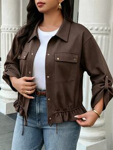 Easura Jaket Wanita Gaya Utilitas, Kerah Corong Modis, Tali Serut Pinggang dengan Banyak Saku, Jaket Motor Pendek Musim Panas - Coklat - View 4