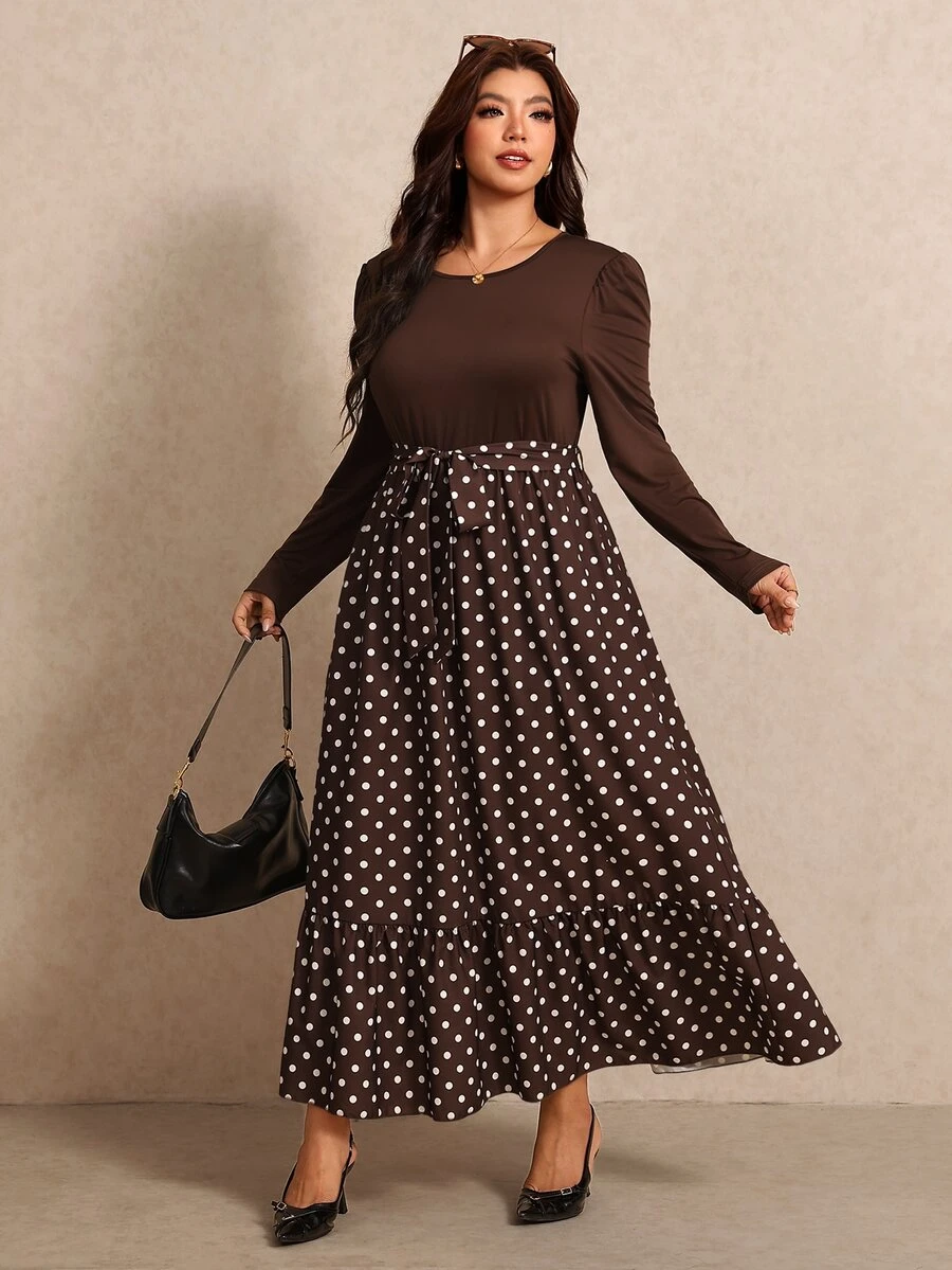 Elaquor Plus Size Women's Round Neck Puff Long Sleeve Polka Dot Hem Elegant Dress Fall/Winter Polka Dot Brown Dress For Women Elegant Going Out Brunch Dress - Brown - View 1