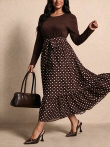 Elaquor Plus Size Women's Round Neck Puff Long Sleeve Polka Dot Hem Elegant Dress Fall/Winter Polka Dot Brown Dress For Women Elegant Going Out Brunch Dress - Brown - View 8