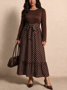 Elaquor Plus Size Women's Round Neck Puff Long Sleeve Polka Dot Hem Elegant Dress Fall/Winter Polka Dot Brown Dress For Women Elegant Going Out Brunch Dress - Brown - View 7