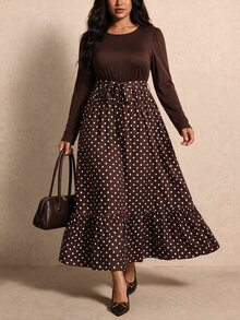 Elaquor Plus Size Women's Round Neck Puff Long Sleeve Polka Dot Hem Elegant Dress Fall/Winter Polka Dot Brown Dress For Women Elegant Going Out Brunch Dress - Brown - View 9
