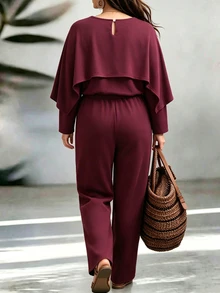 Weeklong Plus Size Dusty Purple Cape Sleeve Blouse & Loose Straight Pants Casual Two Pieces Outfit Set Fall - Purple - View 2