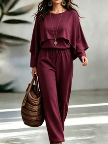 Weeklong Plus Size Dusty Purple Cape Sleeve Blouse & Loose Straight Pants Casual Two Pieces Outfit Set Fall - Purple - View 6