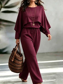 Weeklong Plus Size Dusty Purple Cape Sleeve Blouse & Loose Straight Pants Casual Two Pieces Outfit Set Fall - Purple - View 3