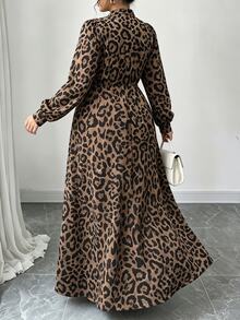 Elenzga Plus Size Leopard Print Ruffle Trim Stand Collar Puff Long Sleeve Waist Tie Elegant Flowy Maxi Dress Fall - Multicolor - View 2