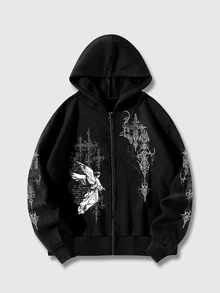 ROMWE MEN Street Life Teen Boy Angel Cross Print Hoodie - Black - View 3