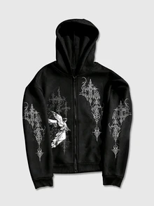 ROMWE MEN Street Life Teen Boy Angel Cross Print Hoodie - Black - View 1