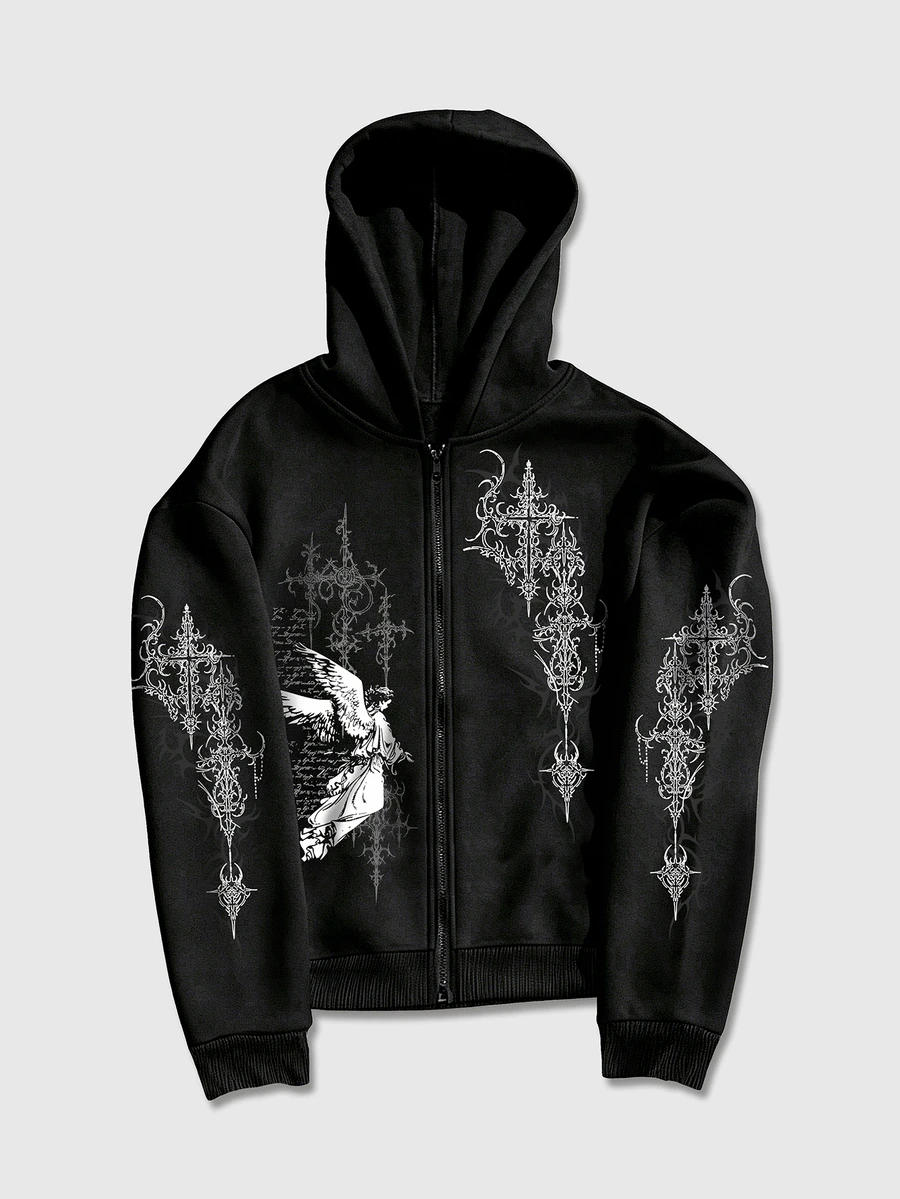 ROMWE MEN Street Life Teen Boy Angel Cross Print Hoodie - Black - View 1