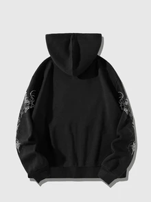 ROMWE MEN Street Life Teen Boy Angel Cross Print Hoodie - Black - View 2
