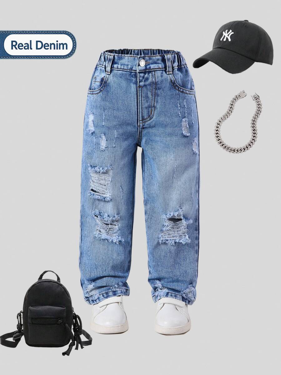 SHEIN Explorewe Young Boys' Retro Cowboy Street Style Distressed Ripped Loose Comfortable Baby Blue Straight Leg Jeans Winter Holiday