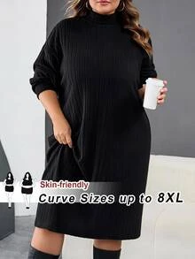 SHEIN CURVE+ Plus Size Women Solid Color Casual Baggy Daily Formal Vacation Autumn Dress Black - Black - View 4