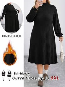 SHEIN CURVE+ Plus Size Women Solid Color Casual Baggy Daily Formal Vacation Autumn Dress Black - Black - View 5