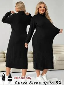 SHEIN CURVE+ Plus Size Women Solid Color Casual Baggy Daily Formal Vacation Autumn Dress Black - Black - View 1