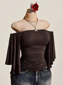 SHEIN ICON Women's Solid Color Off Shoulder Ruched Waist Top - Brown - View 9