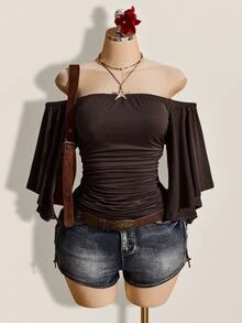 SHEIN ICON Women's Solid Color Off Shoulder Ruched Waist Top - Brown - View 10