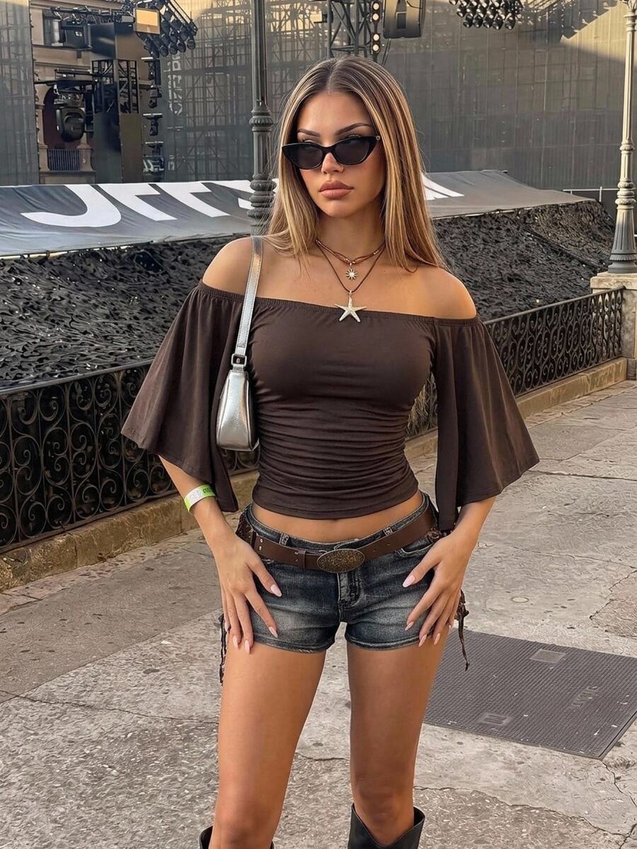 SHEIN ICON Women's Solid Color Off Shoulder Ruched Waist Top - Brown - View 1