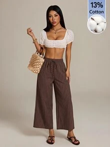 SHEIN PETITE 棕色條紋鈕扣前開直筒長褲，適合嬌小女性，休閒通勤穿搭 - 棕色 - 查看 7