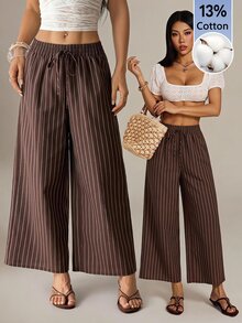 SHEIN PETITE 棕色條紋鈕扣前開直筒長褲，適合嬌小女性，休閒通勤穿搭 - 棕色 - 查看 5