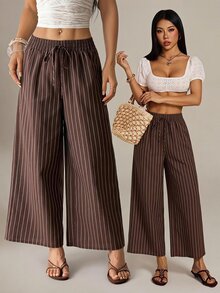 SHEIN PETITE 棕色條紋鈕扣前開直筒長褲，適合嬌小女性，休閒通勤穿搭 - 棕色 - 查看 6