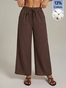 SHEIN PETITE 棕色條紋鈕扣前開直筒長褲，適合嬌小女性，休閒通勤穿搭 - 棕色 - 查看 4