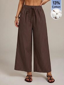 SHEIN PETITE 棕色條紋鈕扣前開直筒長褲，適合嬌小女性，休閒通勤穿搭 - 棕色 - 查看 1