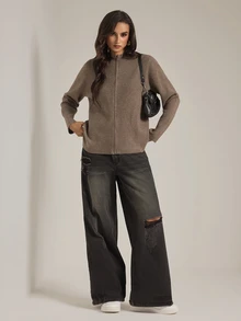 SHEIN Tall Women's Solid Color Long Sleeve Zip-Up Knit Cardigan - Khaki - View 5