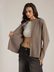 SHEIN Tall Women's Solid Color Long Sleeve Zip-Up Knit Cardigan - Khaki - View 7