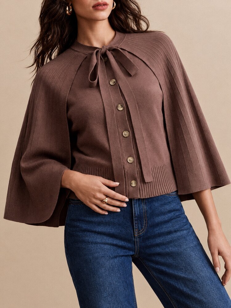 CielaLinda Women's Brown Ruched Cape Knit Cardigan, Tie Front Bow Button Sweater - Brown - View 3