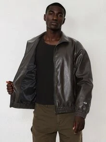 FORM&CHAOS Men's Loose Dark Brown Casual Streetwear Leather Jacket Vacation Club Fall - Black - View 1