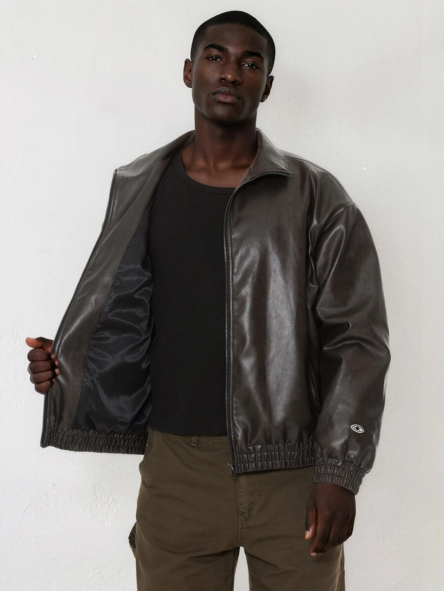 FORM&CHAOS Men's Loose Dark Brown Casual Streetwear Leather Jacket Vacation Club Fall - Black - View 1