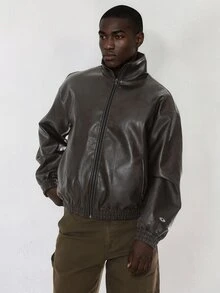 FORM&CHAOS Men's Loose Dark Brown Casual Streetwear Leather Jacket Vacation Club Fall - Black - View 5