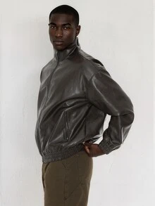 FORM&CHAOS Men's Loose Dark Brown Casual Streetwear Leather Jacket Vacation Club Fall - Black - View 4