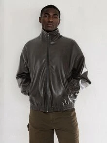 FORM&CHAOS Men's Loose Dark Brown Casual Streetwear Leather Jacket Vacation Club Fall - Black - View 7