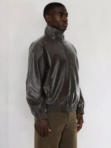 FORM&CHAOS Men's Loose Dark Brown Casual Streetwear Leather Jacket Vacation Club Fall - Black - View 6