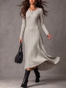 Breezaya Women's Street Style Cable Knit Long Sleeve Minimalist Sweater Dress - White - View 3