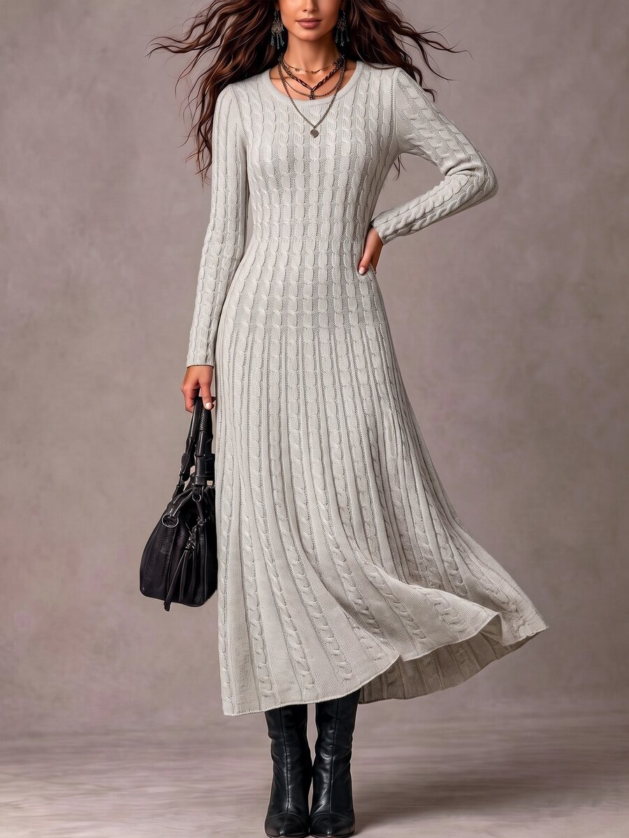 Breezaya Women's Street Style Cable Knit Long Sleeve Minimalist Sweater Dress - White - View 1