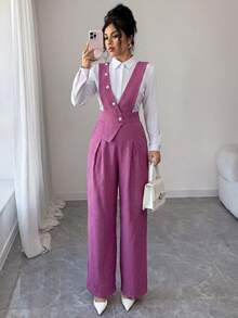 Elenzga 女款藕紫色竹纖維前拼接珍珠鈕扣設計優雅教師制服專業休閒連身褲，適合感恩節 - 紫羅蘭色 - 查看 4