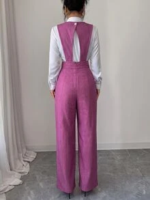 Elenzga 女款藕紫色竹纖維前拼接珍珠鈕扣設計優雅教師制服專業休閒連身褲，適合感恩節 - 紫羅蘭色 - 查看 2