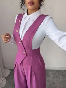 Elenzga 女款藕紫色竹纖維前拼接珍珠鈕扣設計優雅教師制服專業休閒連身褲，適合感恩節 - 紫羅蘭色 - 查看 6