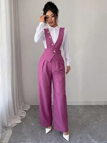 Elenzga 女款藕紫色竹纖維前拼接珍珠鈕扣設計優雅教師制服專業休閒連身褲，適合感恩節 - 紫羅蘭色 - 查看 8